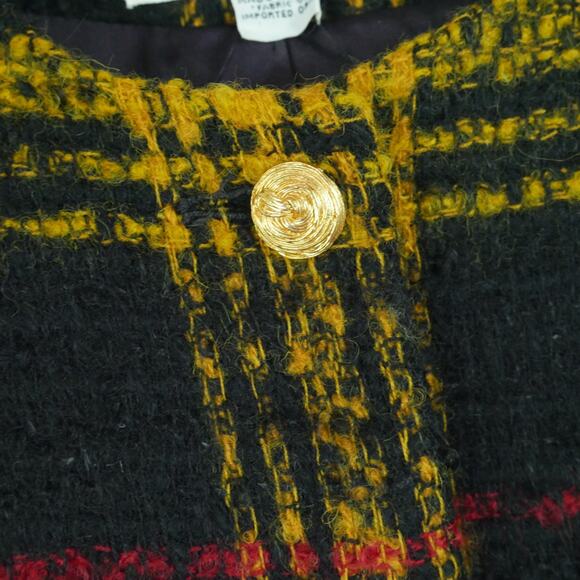 Vintage Size 4 Jacket Crop Blazer 90s Elegant Luxury Plaid Yellow Black Tweed - Picture 3 of 9